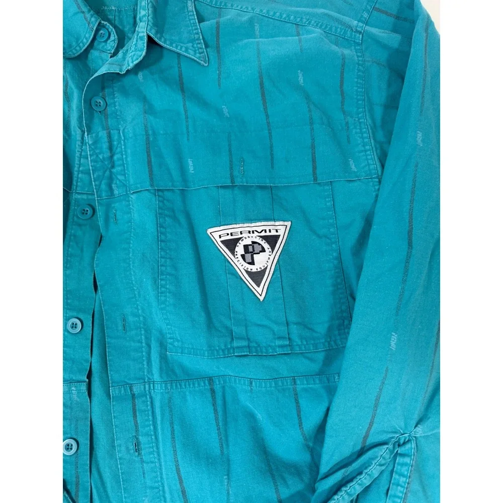 Vintage Permit Shirt Mens L Turquoise Long Sleeve Button Up Cotton 90s - Picture 2 of 4